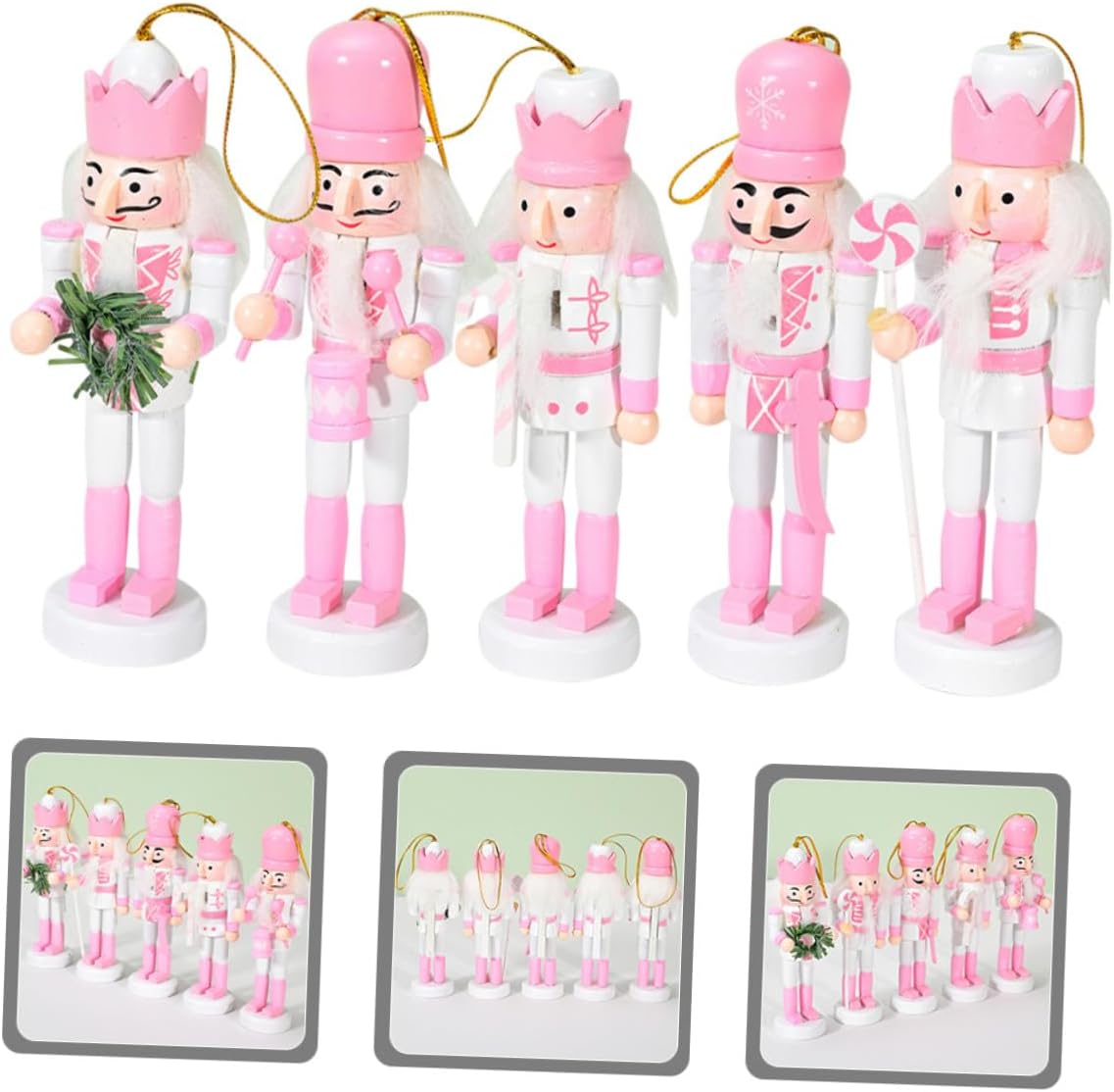 Angoily 5pcs Small Pink Nutcracker Pendant Set Hanging Wooden Christmas Nutcracker Decorations for Home and Tree