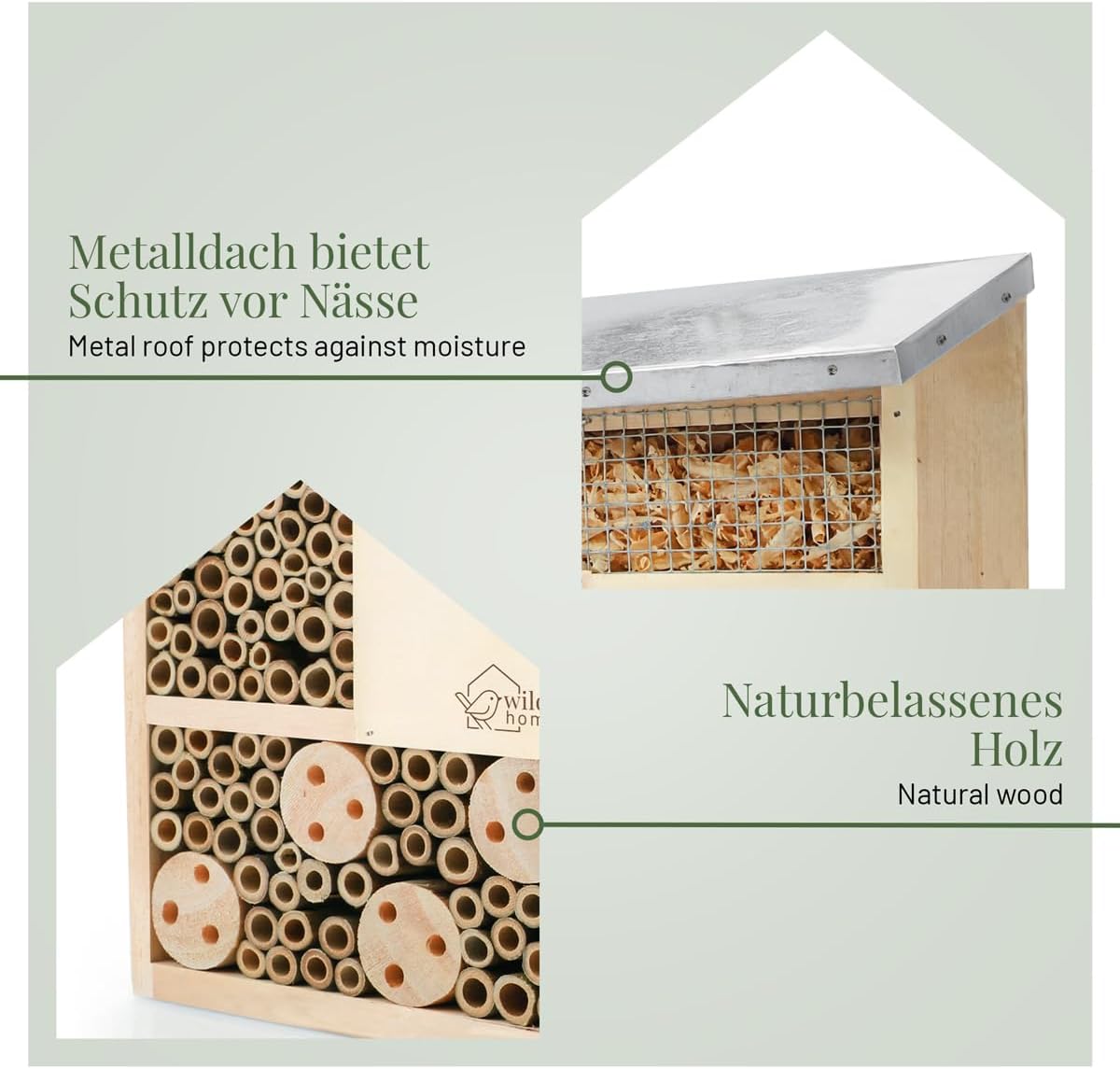 WILDLIFE HOME Bienenhotel отель для насекомых с металлической крышей необработанный улей из массива дерева для пчел божьих коровок и золотистых ос домик для насекомых помощь в гнездовании отель для подвешивания