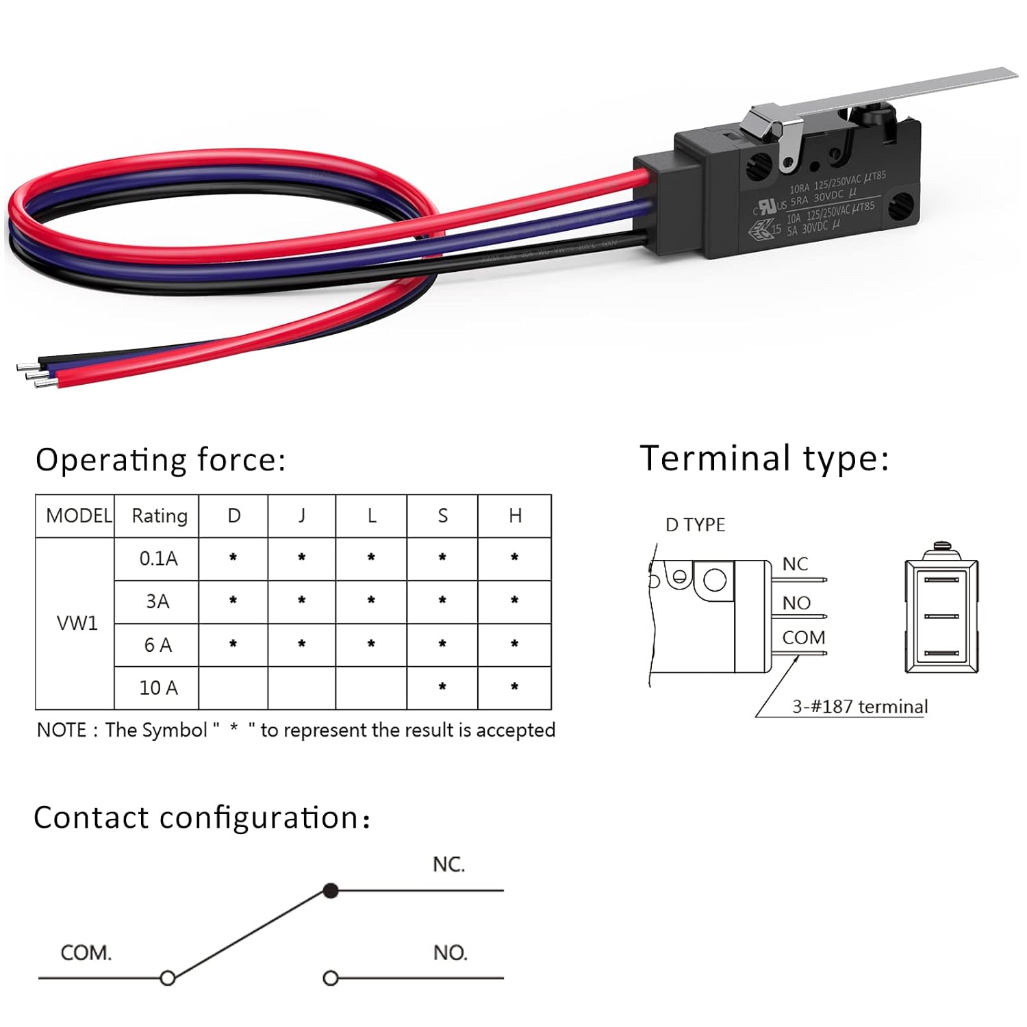 Waterproof Micro Switch Long Straight Hinge Lever with Line 10A 125 250V NC NO COM Line Length 30CM 2PCS