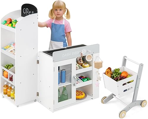 Miniatura 9 de Costzon Juego de tienda de comestibles para niños, tienda de juegos de madera convertible con carrito de compras, escáner, pizarra y cinturón de