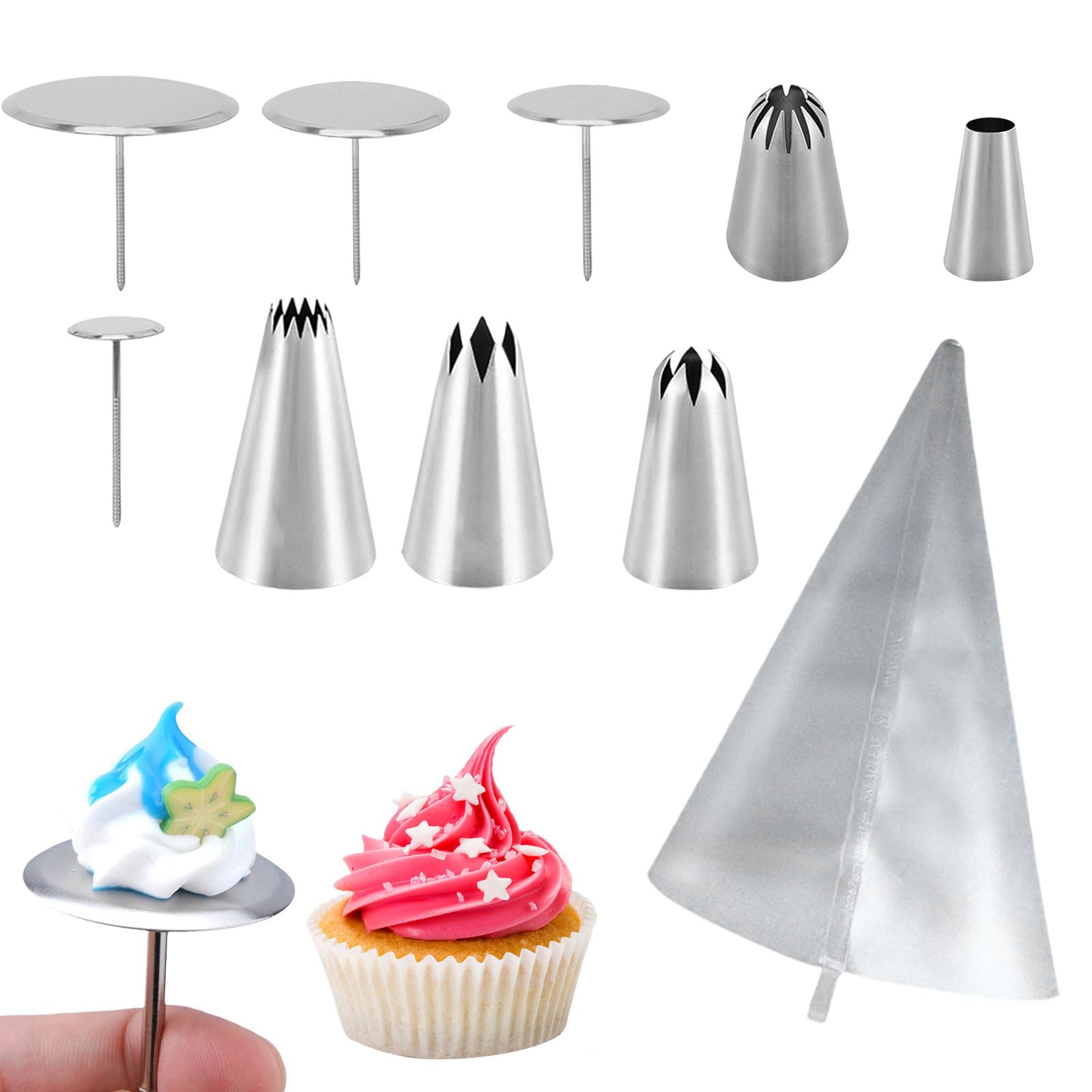 Kuchendekorations-Werkzeug-Set, 5 Stück Edelstahl-Spritztüllen, 4 Stück Kuchen-Blumen-Nägel und 1 Spritzbeutel für Kuchen, Fondant, Cupcakes (Silber)