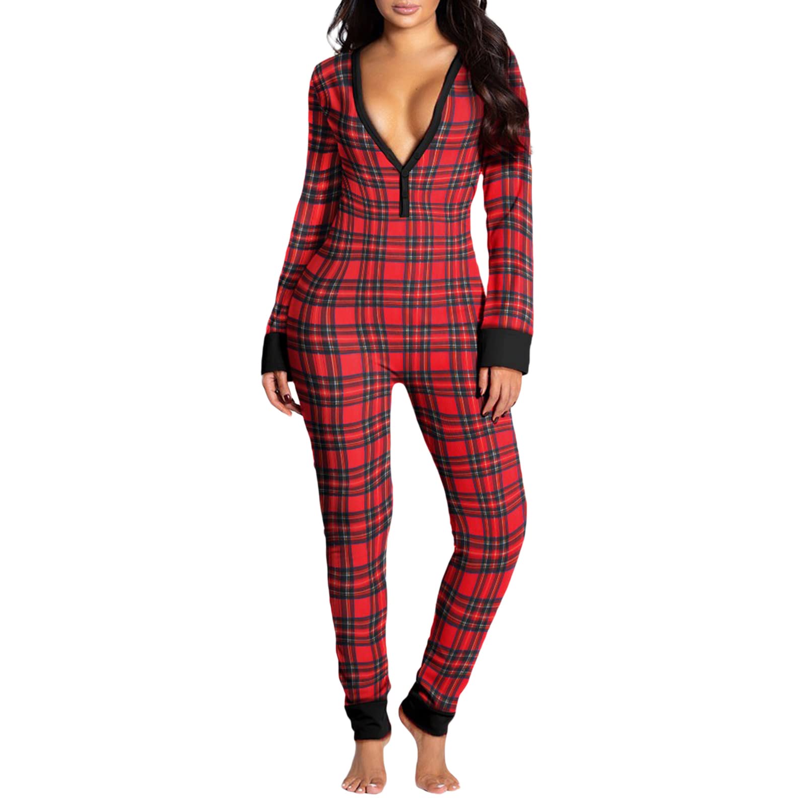 Women Butt Button Back Flap Jumpsuit Pajamas V-Neck Button Down Long Sleeve One Piece Bodysuit Rompers Sleepwear-image-20