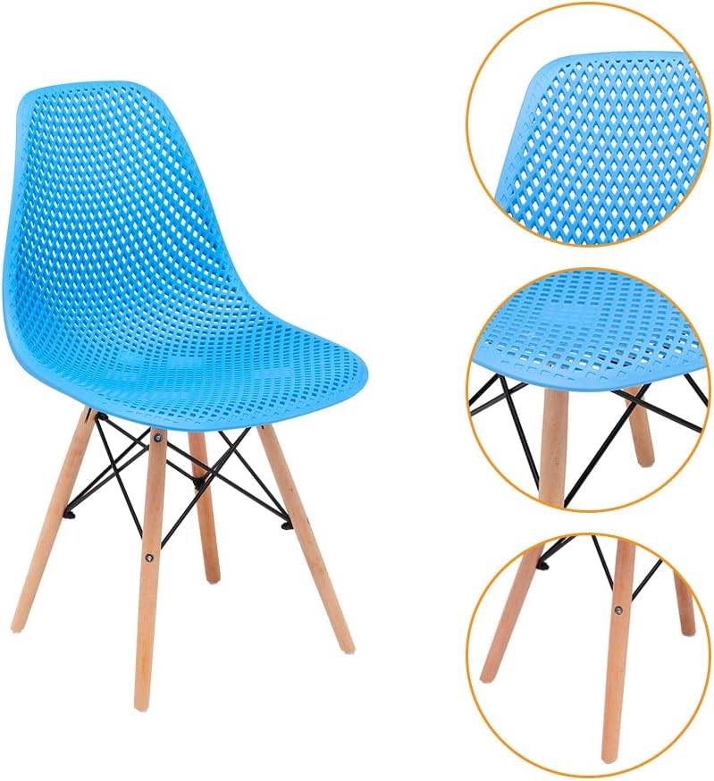 CangLong Dining Mid Century Modern Hollow Back Design Plastic Shell Armless Side Chair with Beech Wood Legs, Set of 2, Blue 1