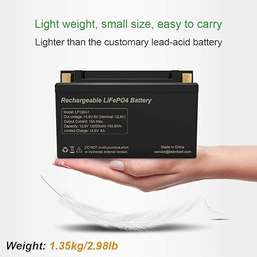 Miniatura 4 de Talentcell Batería LiFePO4 de 12 V LF120A1, batería recargable de ciclo profundo 153.6Wh 12.8V 12.8V 12Ah baterías de fosfato de hierro de litio