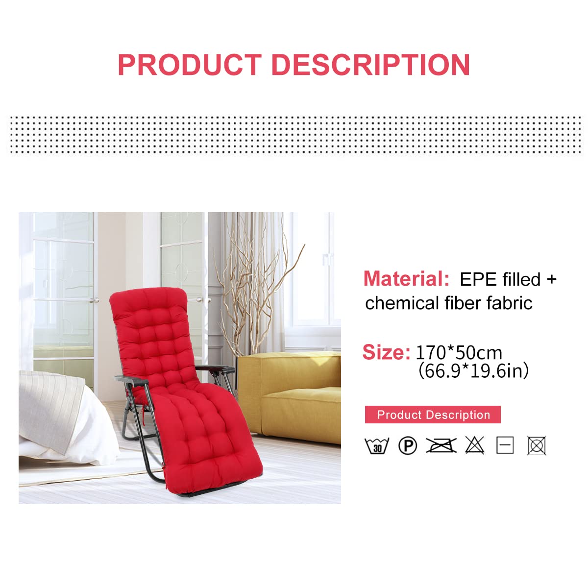 Coussin de Chaise Longue Bain de Soleil, Coussin Transat Jardin Exterieur avec Capuche Antidérapante, Coussin Matelassé Chaise Longue Épais, Coussin Transat pour Fauteuil Relax Lounge (Rouge)