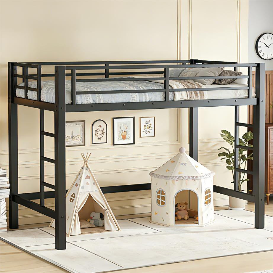 Bellemave Twin Size Loft Bed Frame with 2 Ladder, Sturdy Metal Construction & High Guardrail, Space-Saving Twin Loft Bed for Kids, No Box Spring