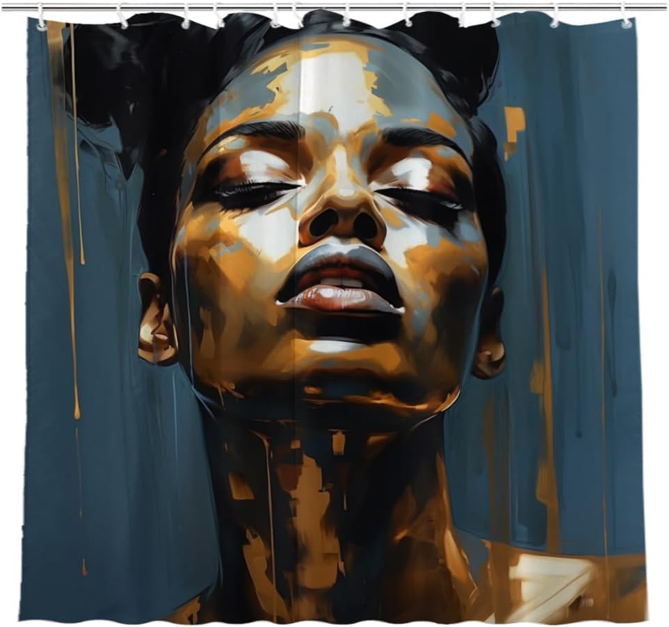 Black Girl Shower Curtain African Elegant Feminine, Drip Paint Technology, Sunshine Impressionism Style Theme Fabric Shower Curtain Set Bathroom Decoration with Hooks Waterproof Washable 72*72 inches
