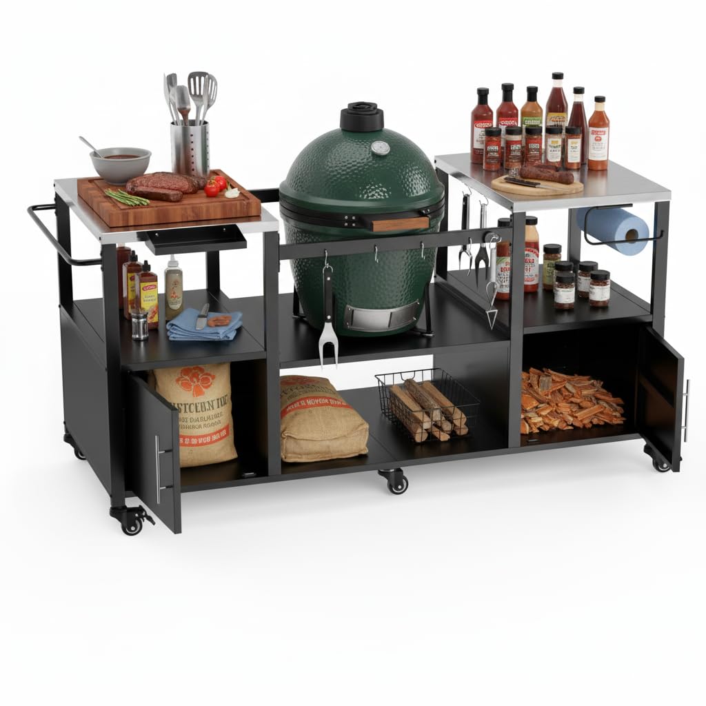Heavy-Duty Outdoor Grill Cart with Stainless Steel Top, Rolling BBQ Prep Station Table for Large Ceramic Grills &amp; Smokers, 67-Inch Metal Grill Stand with 2 Storage Cabinets, 6 Wheels, Black
