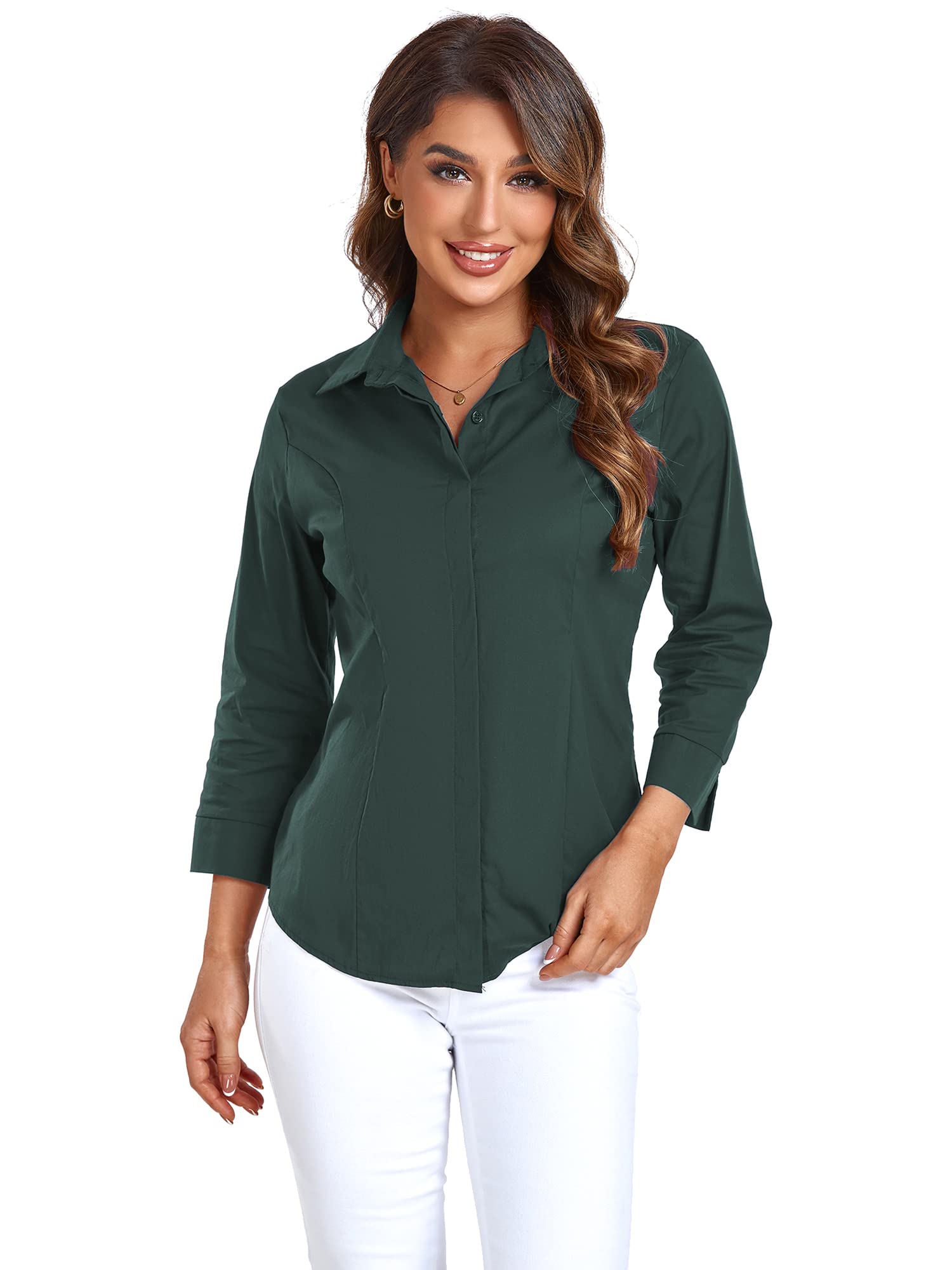 Atnlewhi Women's Button Down Shirts 3/4 Sleeve Business Stretch Work Office Formal Casual Blouse Tops