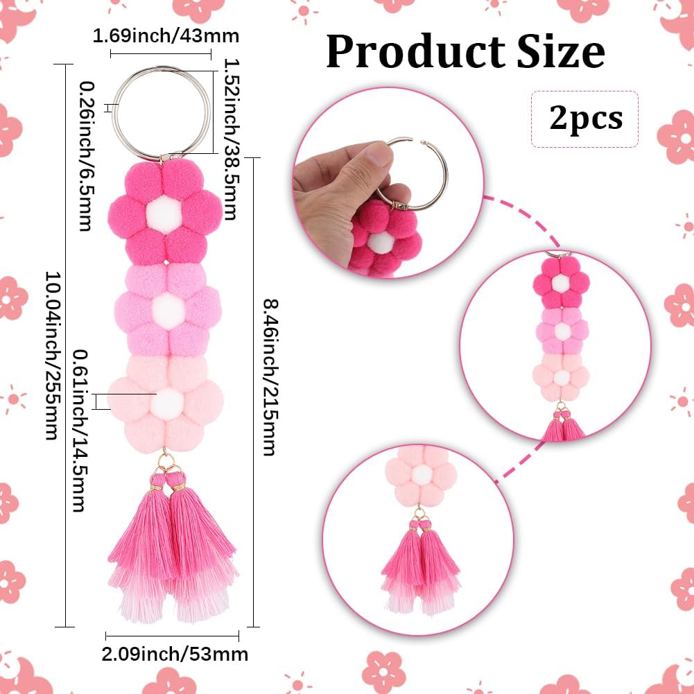 Beebeecraft 2Pcs Flower Tassel Charms 25.5cm Pink Cotton Boho Purse Charms Keychain for Women Summer Rubber Beach Bag Travel Bag Accessories