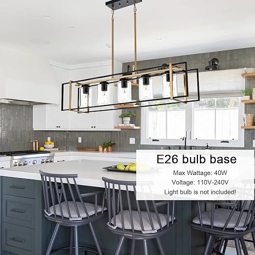 Miniatura 7 de Lucidce Lámparas de araña de 5 luces de estilo rústico de latón negro para isla de comedor con pantallas de vidrio transparente, iluminación