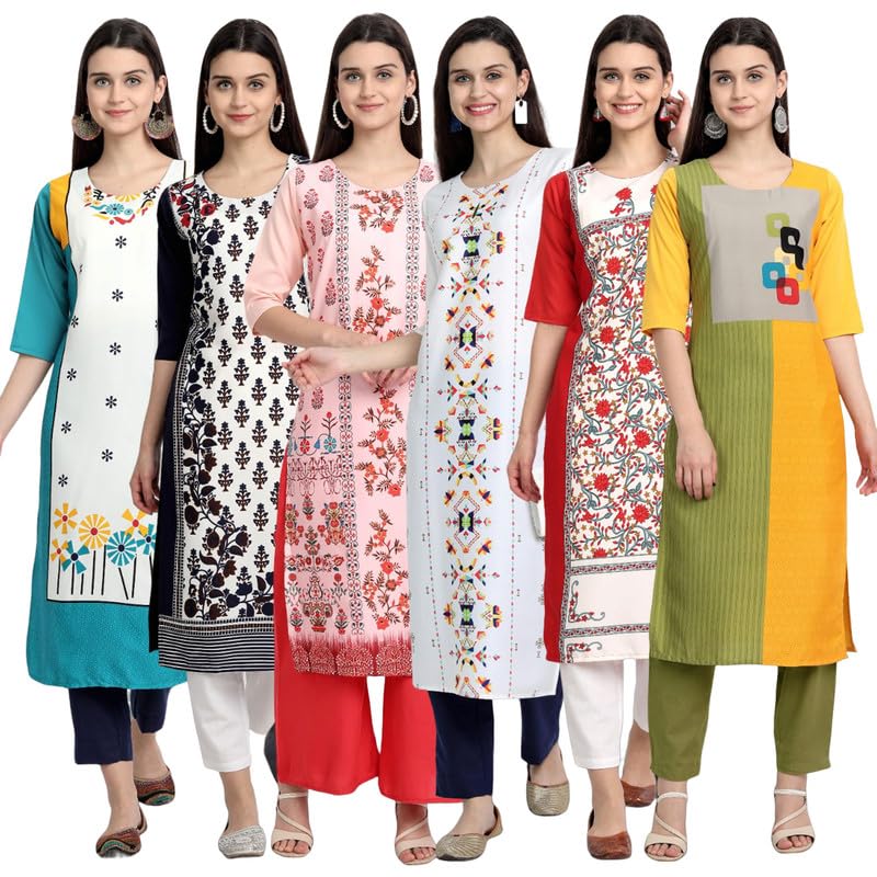 Pinkmint Elegant Printed Crepe Kurti's For Women's Ll Fashionable Kurti Ll Stright Round Neck Kurti (Pack Of 6)