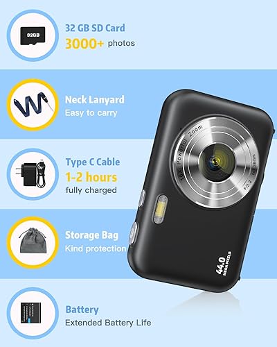 Miniatura 8 de Cámara digital, FHD 1080P para niños con cordón para el cuello, batería de tarjeta de 32 GB, zoom de 16X antivibraciones, cámaras de disparo de