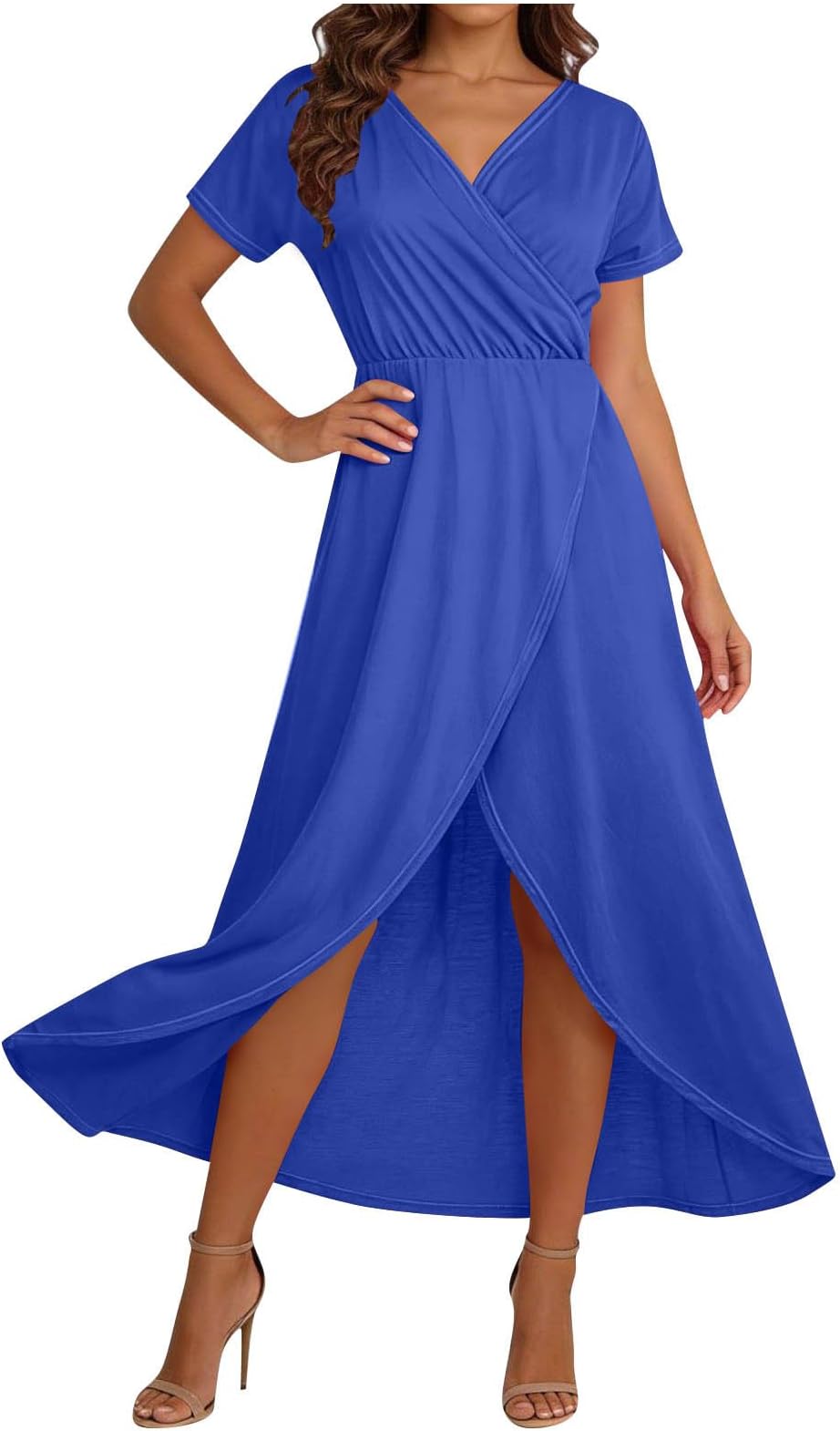 Womens V Neck Wrap Dress Twisted Slit Pleated Waist Tie Short Sleeve Summer Midi Dresses Elegant Flowy Swing Dresses