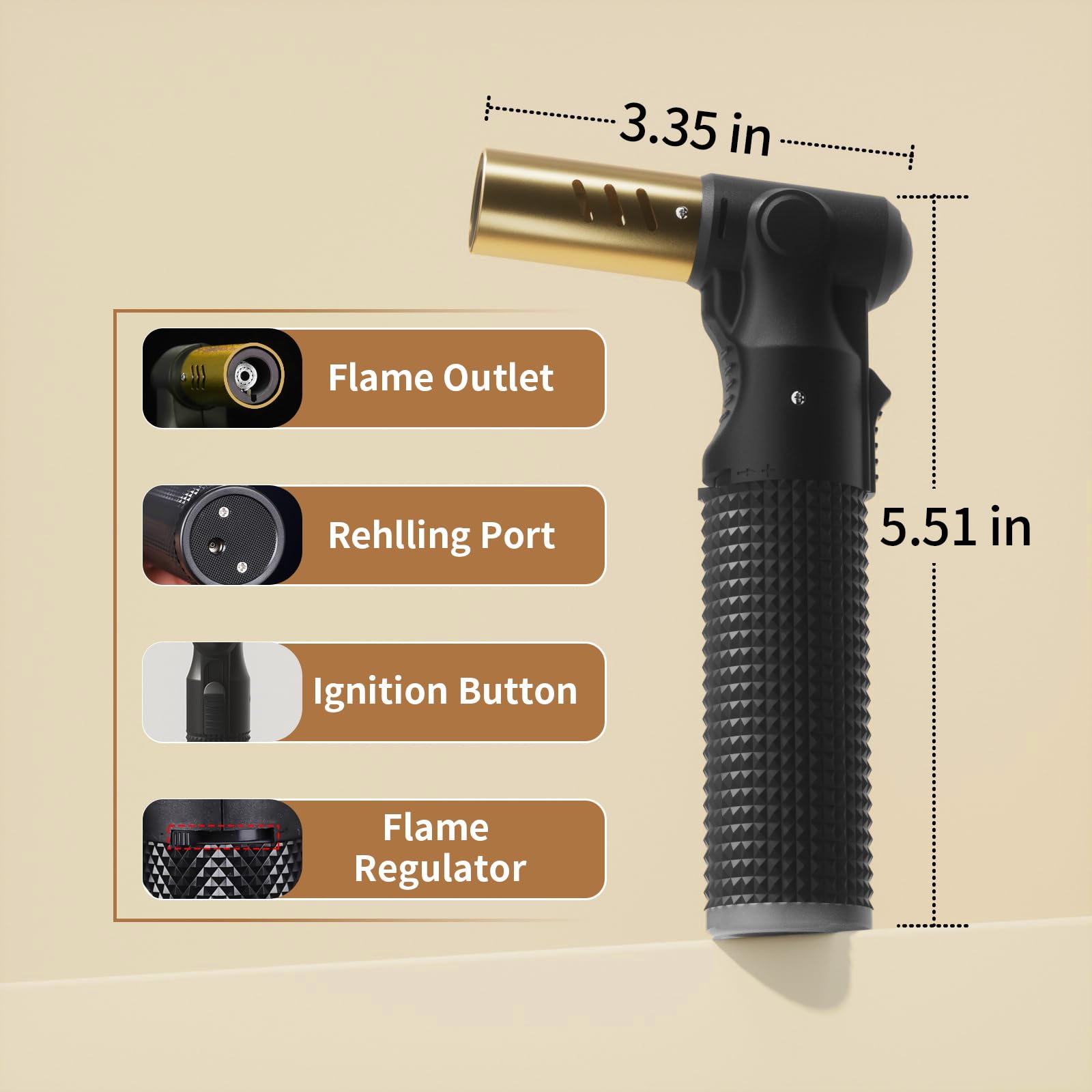 2 Pack Refillable Butane Torch Lighter with Adjustable Jet Flame, Portable Culinary Blow Torch for Kitchen Cooking, Baking, BBQ, Welding & Camping (Desserts, Soldering, Grilling) Black/Gold