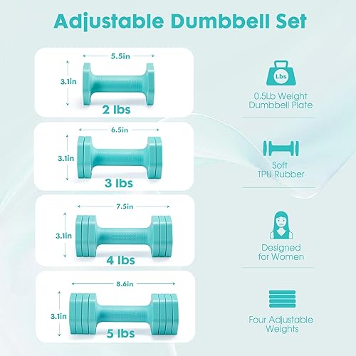 Miniatura 4 de Adjustable Dumbbell Set, 4 in 1 Free Weights Dumbbells Set for Women, Weights for Women at Home, 2lb 3lb 4lb 5lb with TPU Soft Rubber Handle for