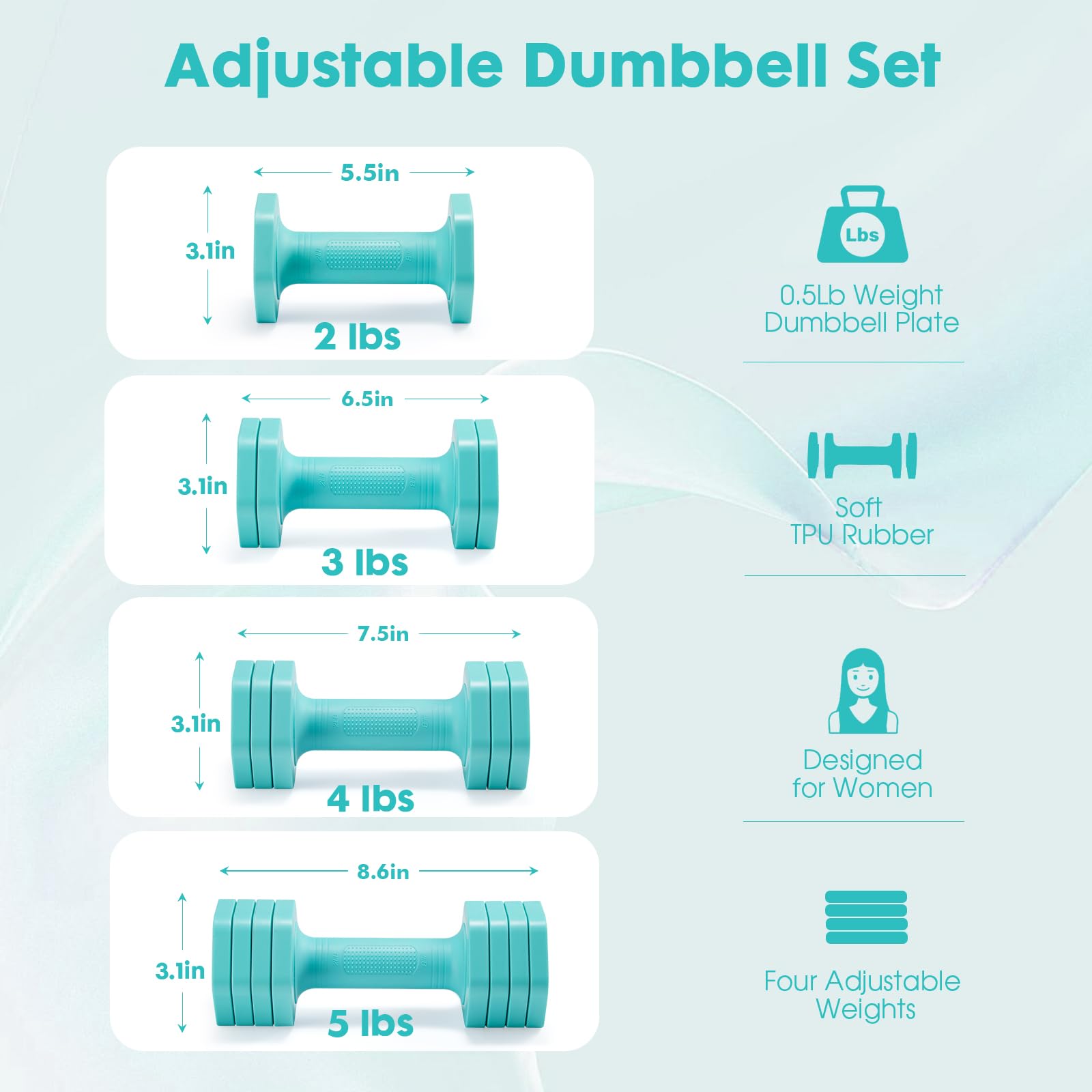 Adjustable Dumbbell Set, 4 in 1 Free Weights Dumbbells Set for Women, Weights for Women at Home, 2lb 3lb 4lb 5lb with TPU Soft Rubber Handle for Home Gym Exercise Training