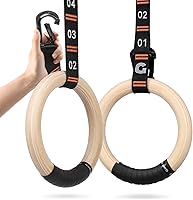 Gonex Wooden Gymnastic Rings with Adjustable Numbered Straps & Quick Carabiner - Olympic Pull-Up Rings for Gym, Home & Outdoor Workouts