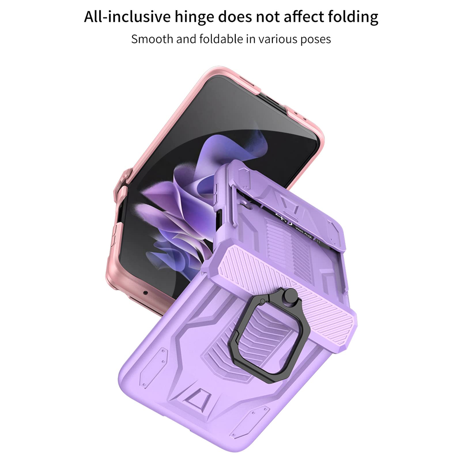 LTL Etui do Samsung Galaxy Z Flip 3 z magnetyczną ochroną zawiasów, stojak pierścień i osłona na kamerę, wojskowa klasa odporne na wstrząsy etui pancerne do Samsung Galaxy Z Flip 3 5G, fioletowe