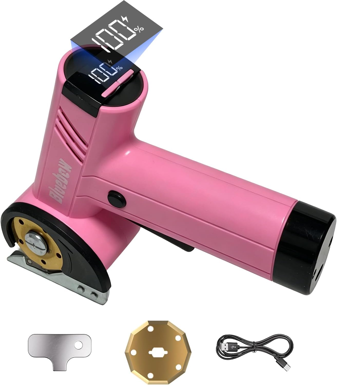 Cordless Electric Scissors, Rechargeable Cardboard Cutter with LED Light, 4-Speed Settings, Safety Lock, 2 Blades, USB-C Battery Powered Box Cutter for Carpet, Leather, Fabric, Packages, Light Pink