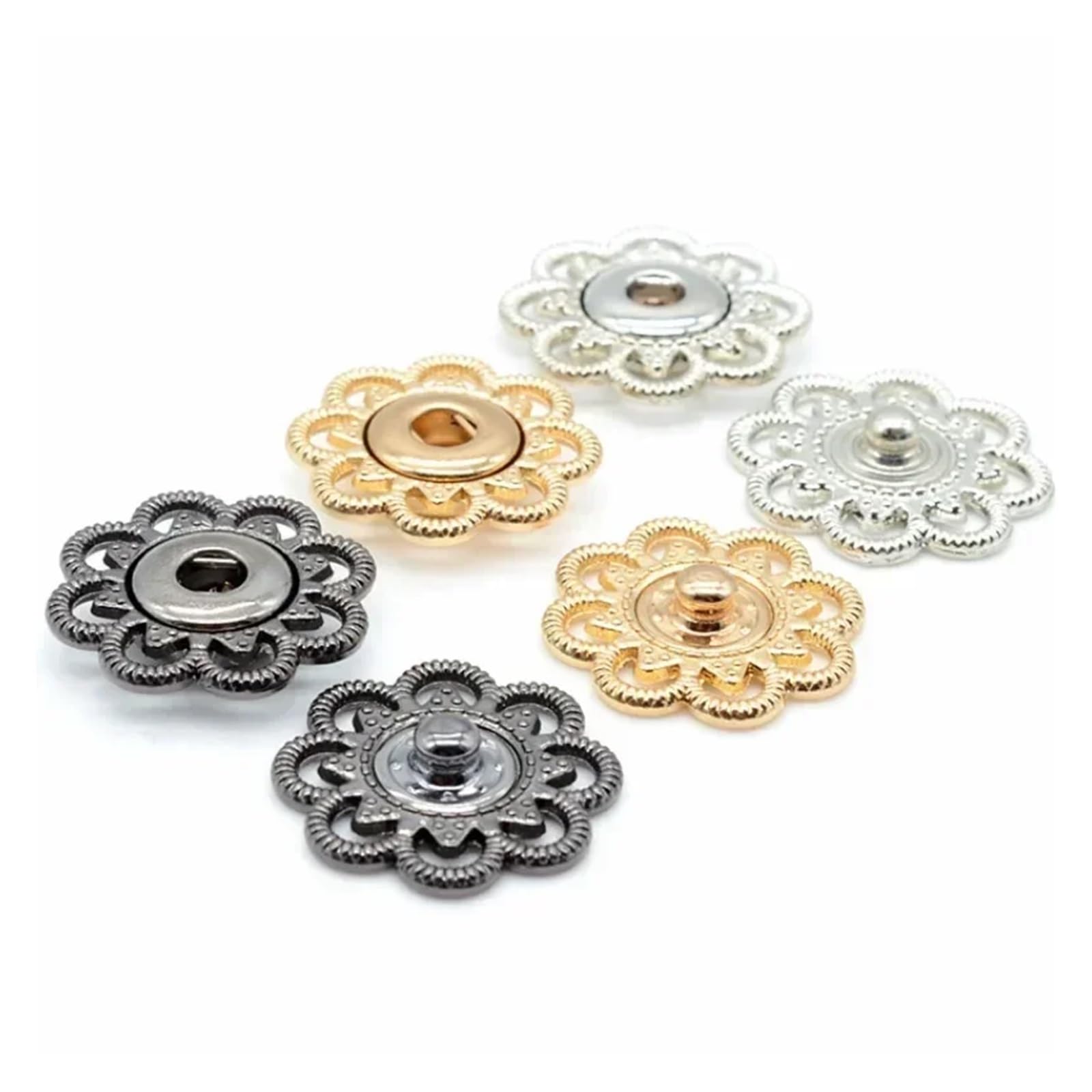 Broches para Tela, 6 Juegos de Botones a presión con diseño Flores, Cierres metálicos Vintage for Coser en Chaquetas, Vaqueros, Manualidades y Costura(Silver,21MM)
