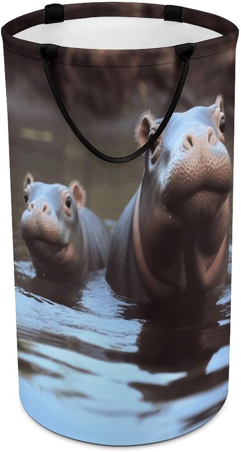 Hippos Laundry Hamper with Handles Waterproof Collapsible Laundry Basket Large Lightweight Round Dirty Clothes Hamper for Home Dorm Bathroom Decor