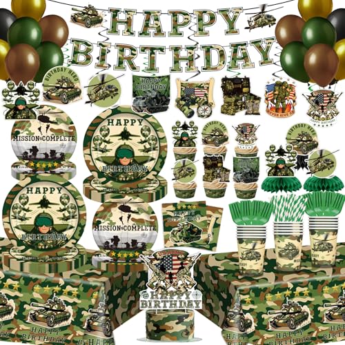 Polinook 208 Pcs Army Birthday Party Decorations Tableware Set