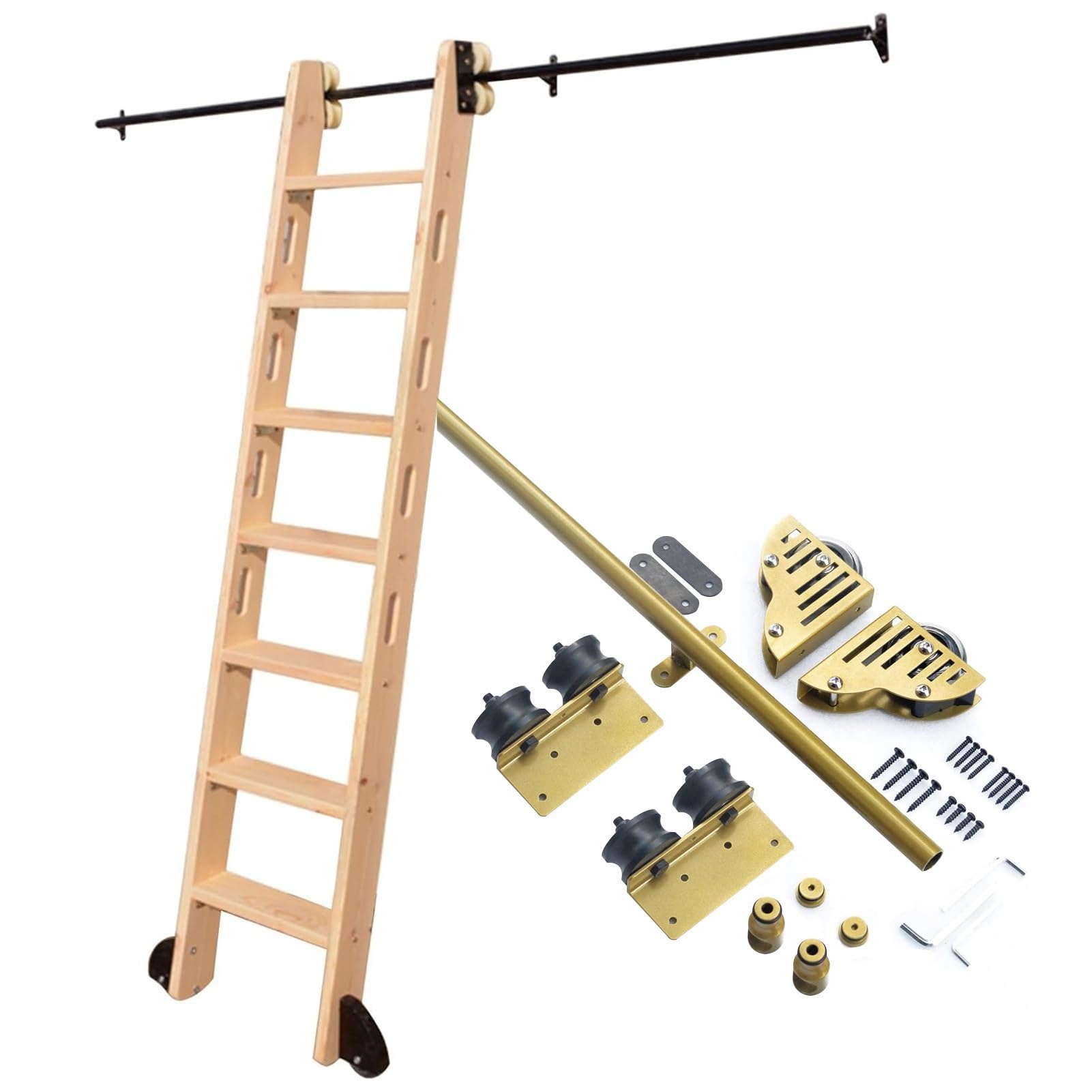 LWJSOCP 3.3-24FT Sliding Library Ladder Hardware Closet Kit Set Rolling Ladder Track Hardware Kit, Golden Mobile Ladder Track Kit for Loft Office, Slide Roller System Full (no Ladder)(16ft/500cm Tra