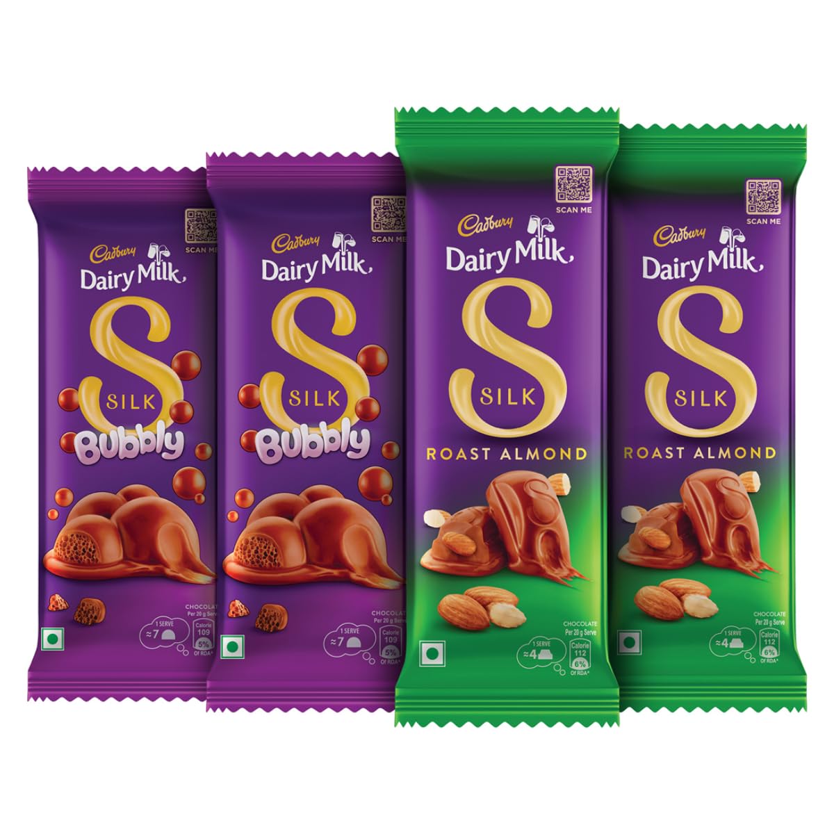 Cadbury Dairy Milk Silk Chocolate Bar Small Combo (2 x Bubbly 50 g, 2 x Roast Almond 58 g)