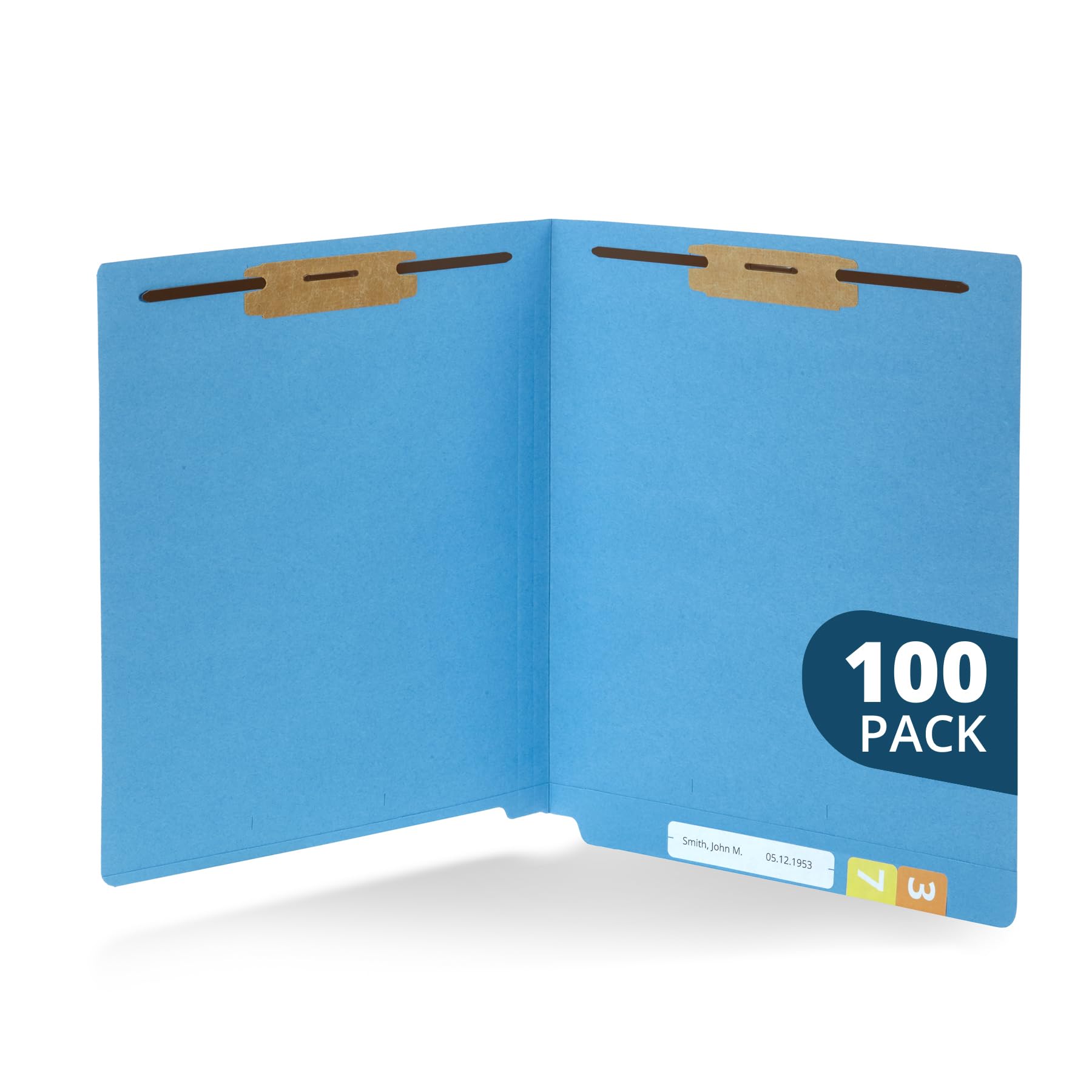 Blue Summit Supplies 100 Blue End Tab Fastener File Folders - Reinforced Straight Cut Tab - Durable 2 Prongs - Organize Standard Medical Files, Receipts, Office Reports - Letter Size, Blue, 100 Pack