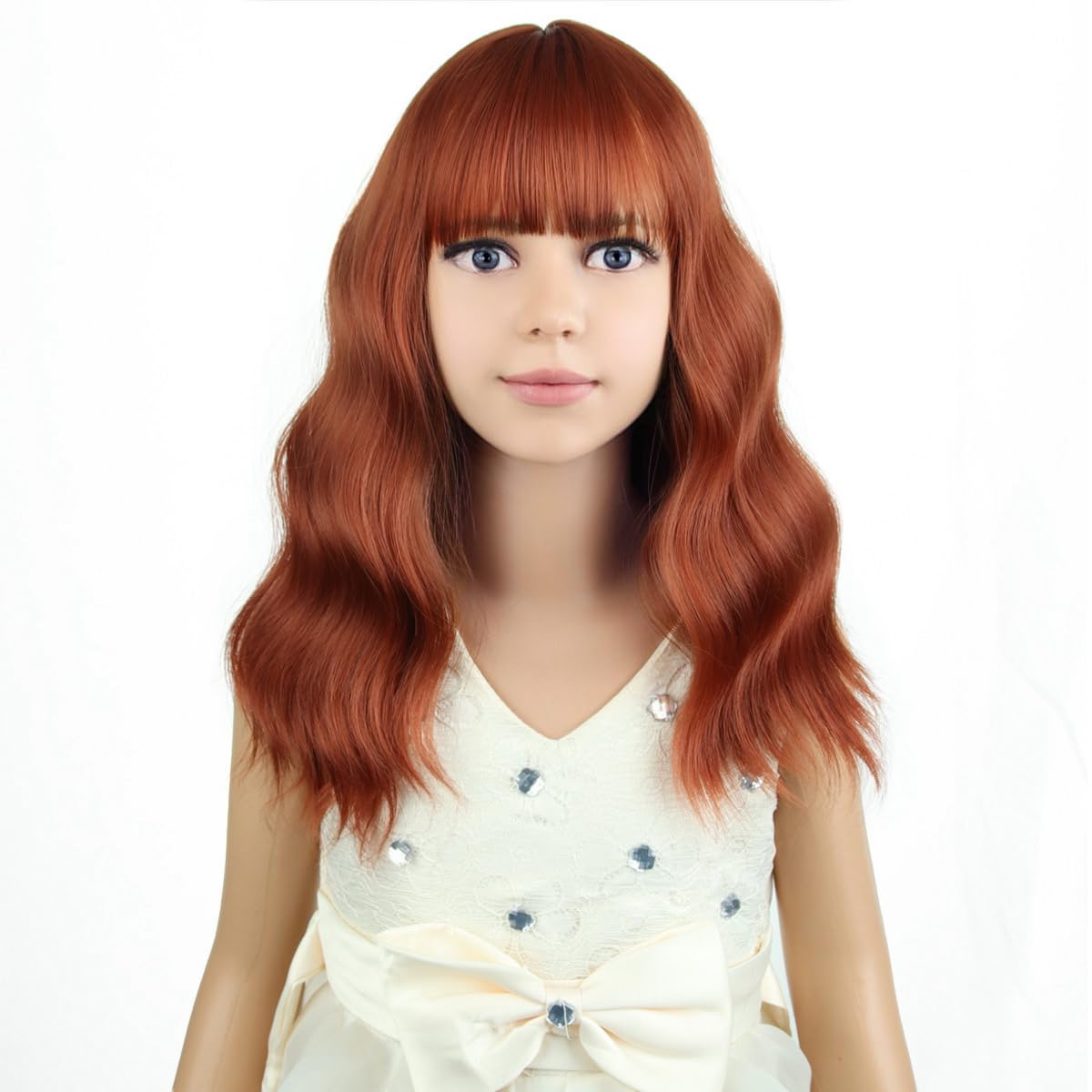 PATTNIUM Dark Orange Wig Kids Child Short Wavy Ginger Wig with Bangs Girls Auburn Wigs Heat Resistant Synthetic Hair Daily Wear Wigs (Dark Orange)