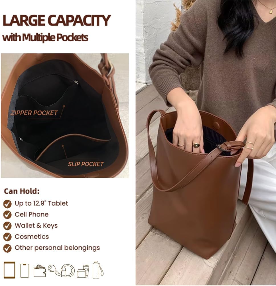Hobo Tote Bag for Women, Vegan Leather Bucket Bags, Soft Shoulder Bag for Travel & Work - Image 5