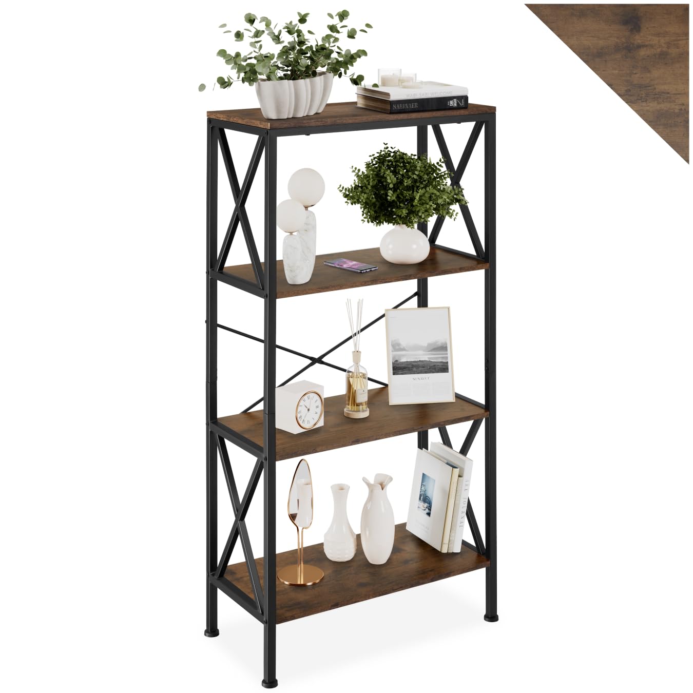 tectake® Industrial Regal mit 4 Ebenen, 61,5 x 31,5 x 133,5 cm, Standregal, Bücherregal, für Deko Wohnzimmer, Möbel für Arbeitszimmer, als Wohnzimmerschrank - Industrial Dunkelbraun