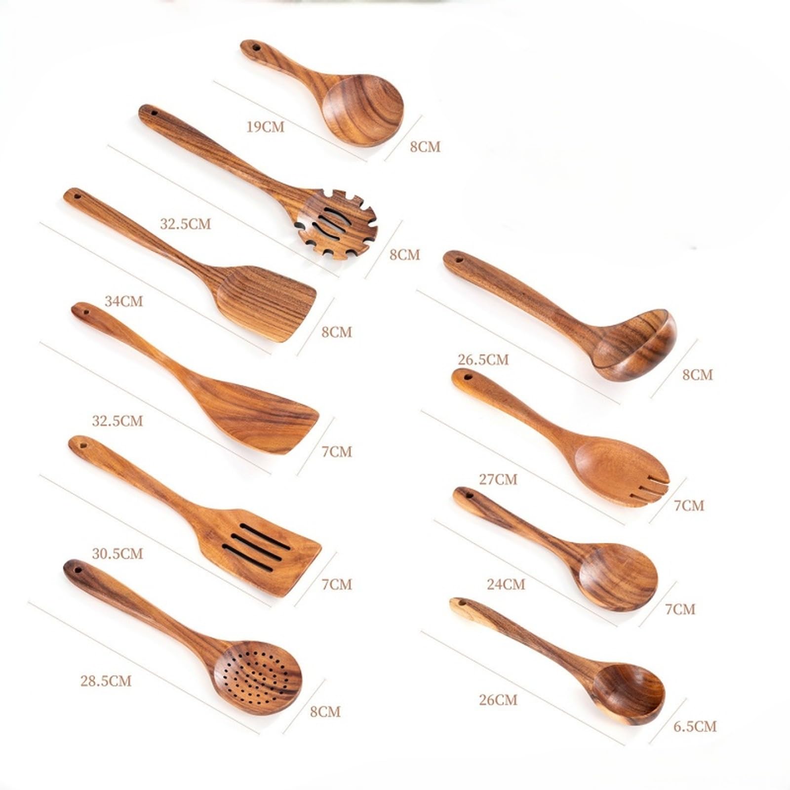 Ensemble d'ustensiles de cuisine en bois d'acacia : cuillère antiadhésive, spatule, spatule à riz à long manche, spatule ajourée, louche, fourchette à salade.