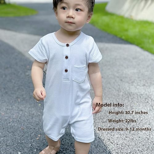 Miniatura 3 de YJ Back home Mameluco acanalado de algodón de calidad para bebé, camisa de una pieza con botones delanteros de manga corta, Blanco