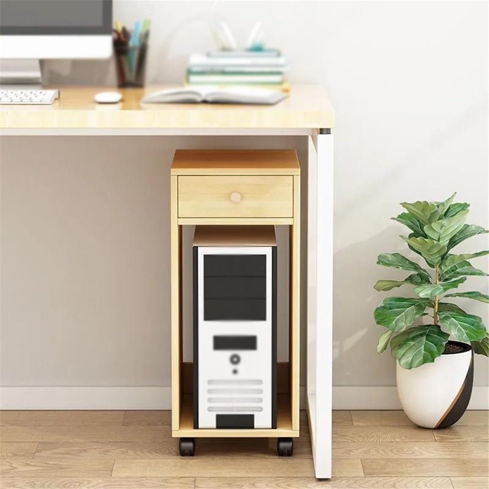 Soporte de CPU de 2 niveles con ruedas, soporte de torre de PC móvil para oficina en casa, carrito de impresora rodante, soporte de CPU con acabado natural para computadoras e impresoras
