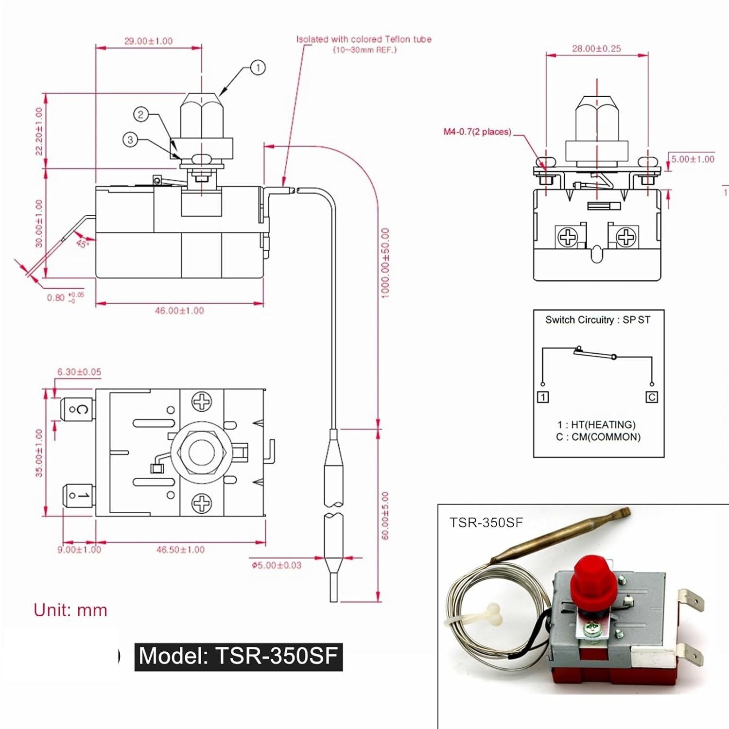 Bulb Capillary Thermostat Thermometer Temperature Safety Limiter Control Switch W/Manual Reset TSR- Fixed 350°C for Oven Heater(TSR-350SF(350))