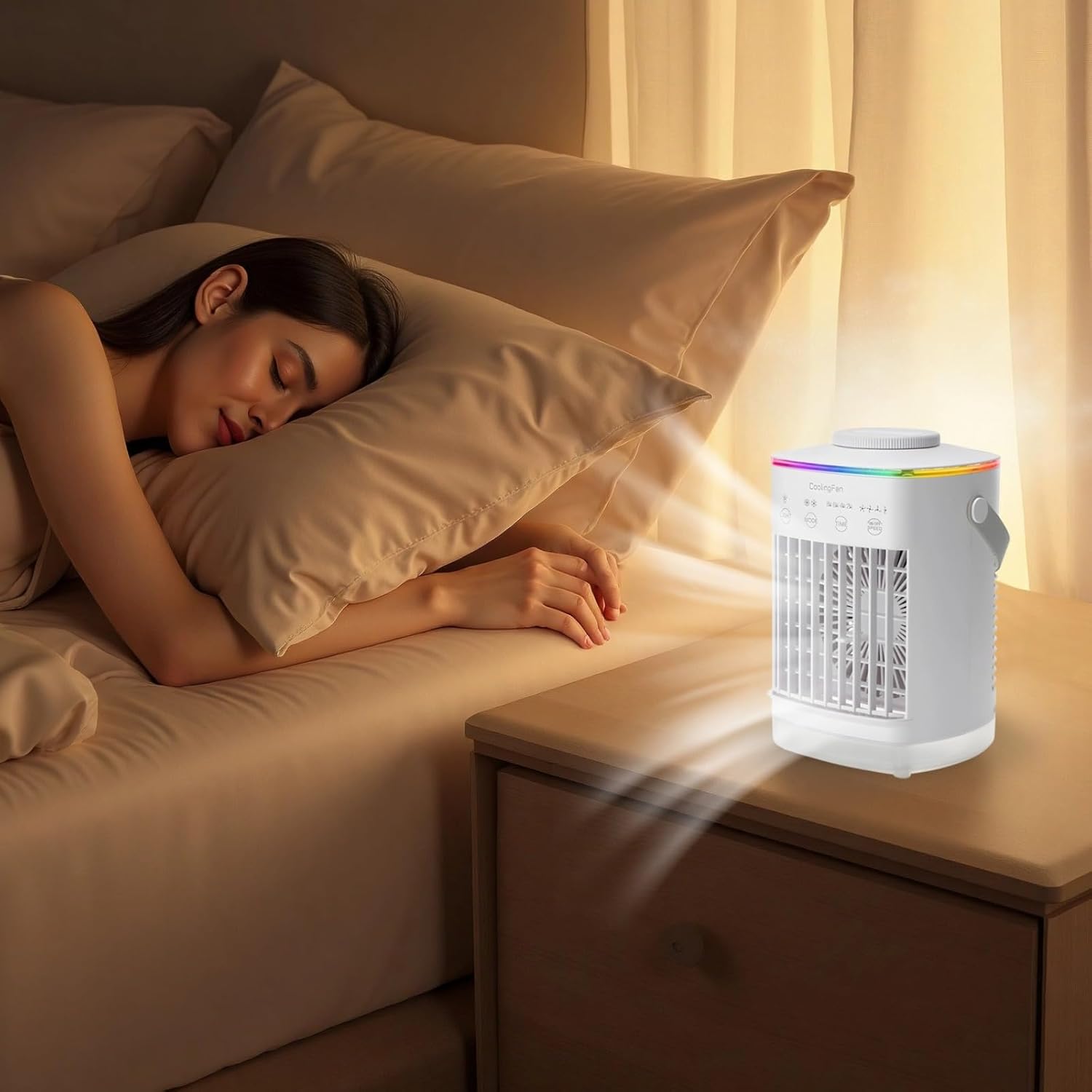 4-Speed Mini Air Cooler with Humidifier, Portable Air Conditioner, 7 Color Lights, 4 Timers, Type-C Powered for Home, and Office