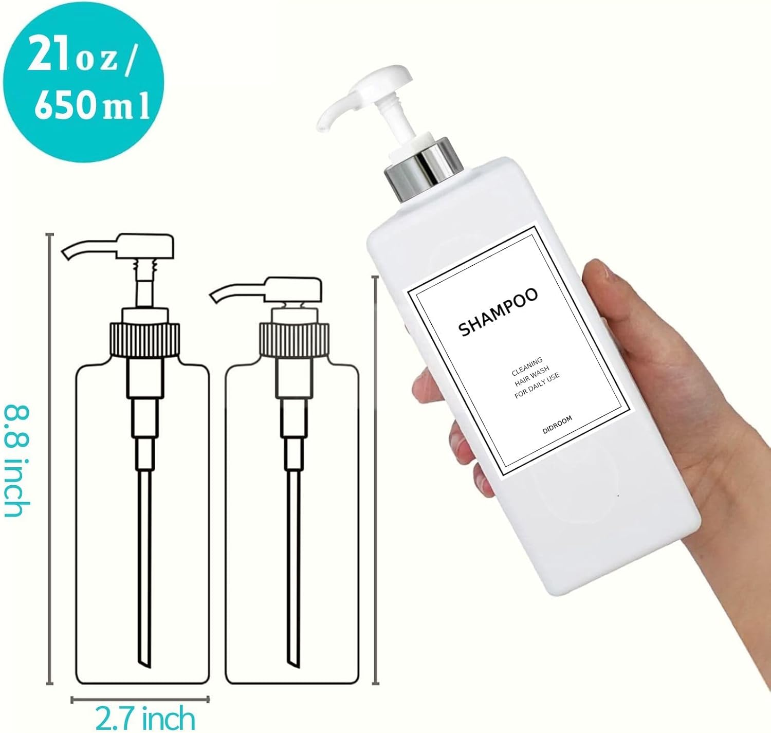Modern Silver Shampoo and Conditioner Dispenser (21 oz, Pack of 3) Refillable Pump Bottle Set Empty Shower Plastic Bottles with Pump for Bathroom Body Wash Soap and Shower - Image 2