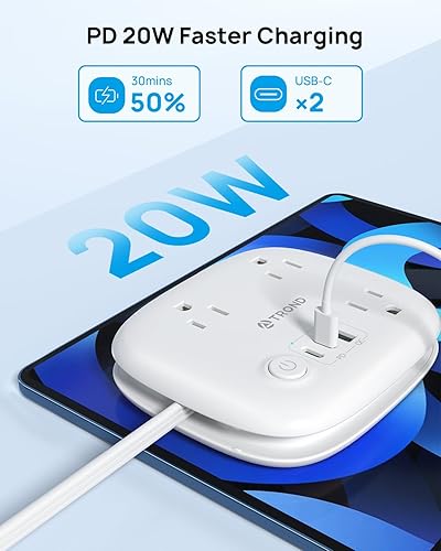 Miniatura 2 de Regleta de alimentación de viaje con PD 20 W USB C, cable de extensión TROND con 3 tomas de corriente ampliamente espaciadas y USB C de carga
