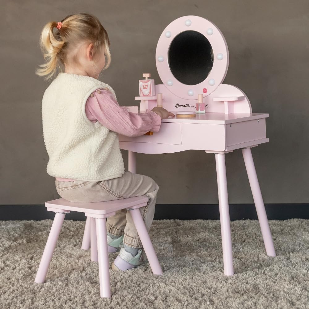 Bandits & Angels Kinderschminktisch Sofia Rosa mit Spiegel und Beleuchtung für Mädchen ab 3 Jahren - Schminktisch aus Holz - Schminktisch inklusive Hocker - Für Kinder