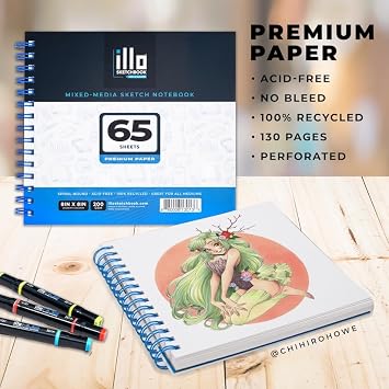 illo Sketchbook Mixed-Media 8 x 8 Spiral-Bound Sketch Notebook, 200gsm Acid-Free Paper, 65 Perforated Sheets for Easy Tear-Out, for All Mediums, for Professionals and Beginner Artists