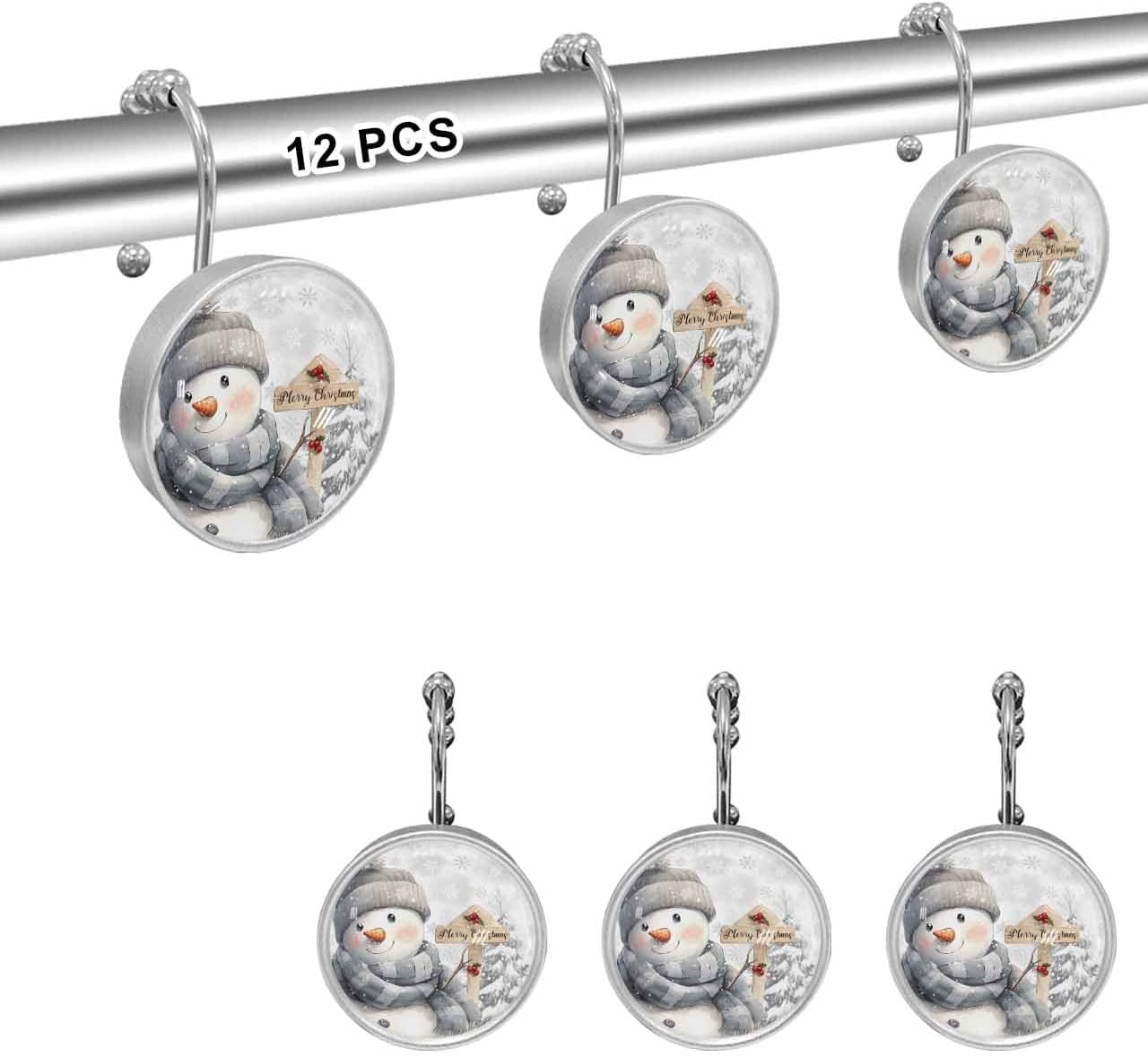 Shower Curtain Hooks Decorative, Grey Snowman Christmas Shower Curtain Rings Stainless Steel, Xmas Snowflake Tree Gray Bathroom Accessories Rod Hangers for Curtains/Clothing 12Pcs