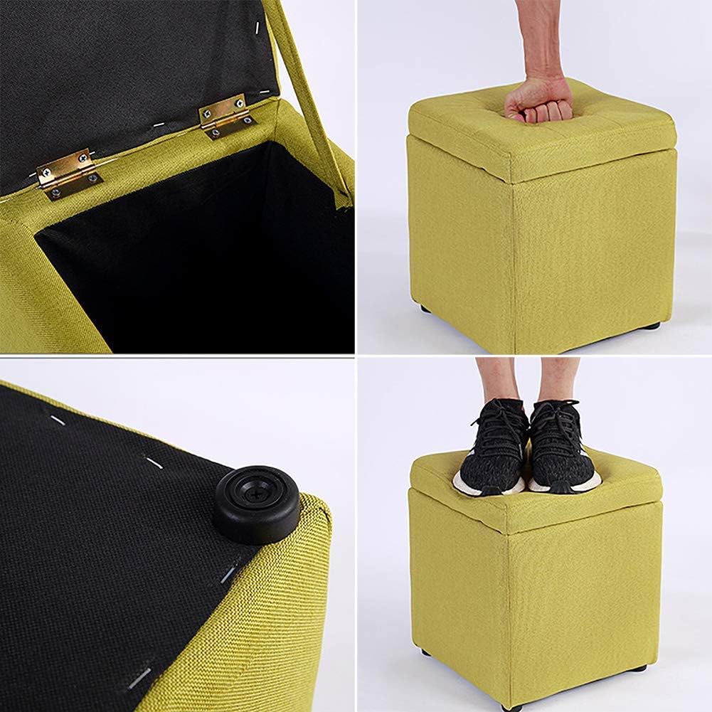 Comfortable Footrest Linen Upholstered Storage Bench Footrest Stool,Cube Organizer Box Footstool Wood Feet Puff Seat-White 30X30X35Cm(12X12X14Inch)