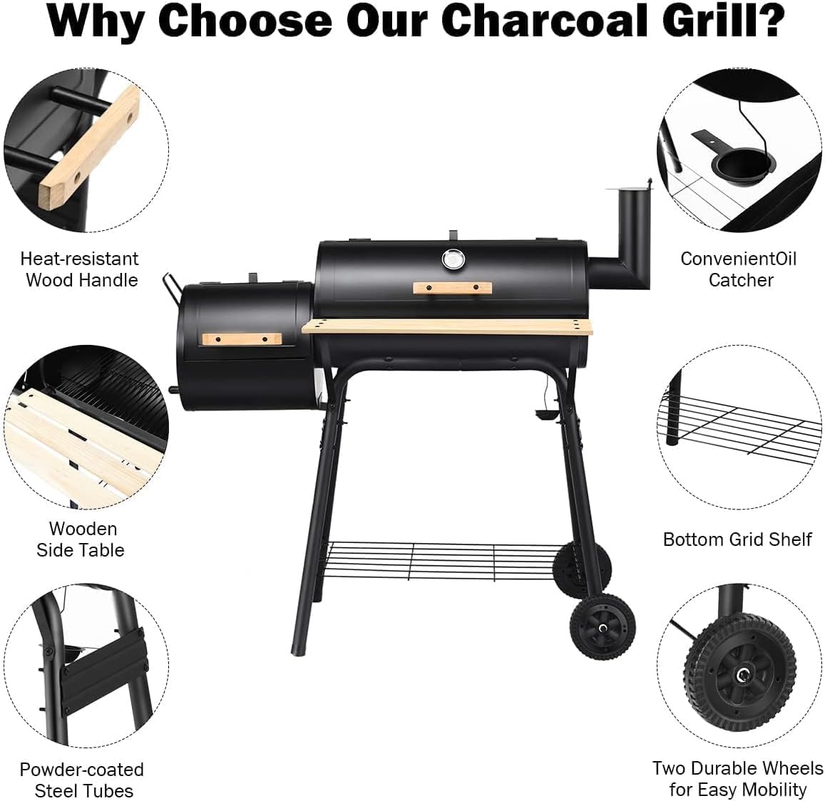 HAPPYGRILL Portable Charcoal Grill with Smoker, Thermometer, Side Shelf & Adjustable Damper, BBQ Grill Oven with 2 Moveable Wheels for Camping Patio Backyard Party