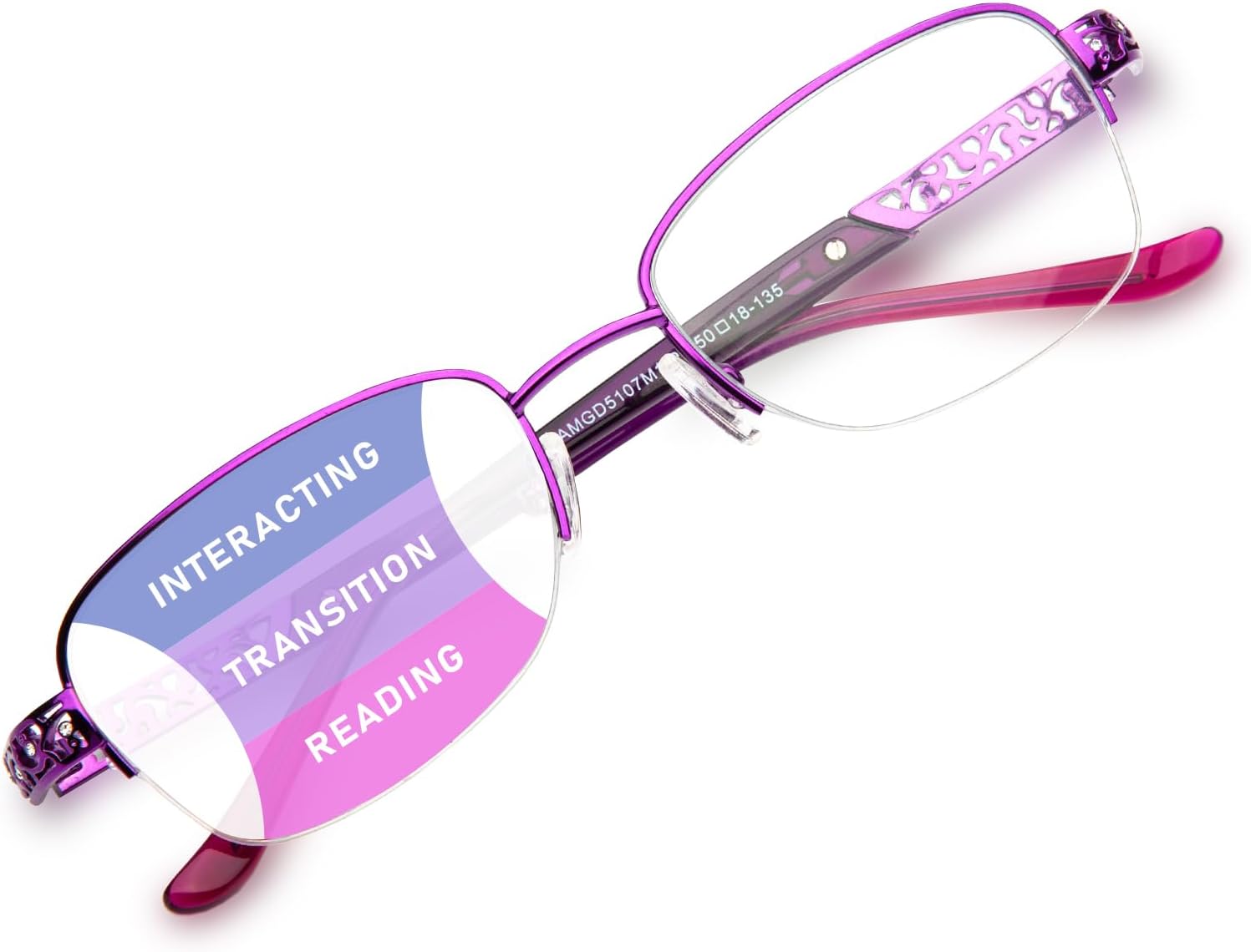 Progressive Multifocal Reading Glasses Women No Line Bifocal Readers with Nose Pad Metal Half Frame Mid-Near Range