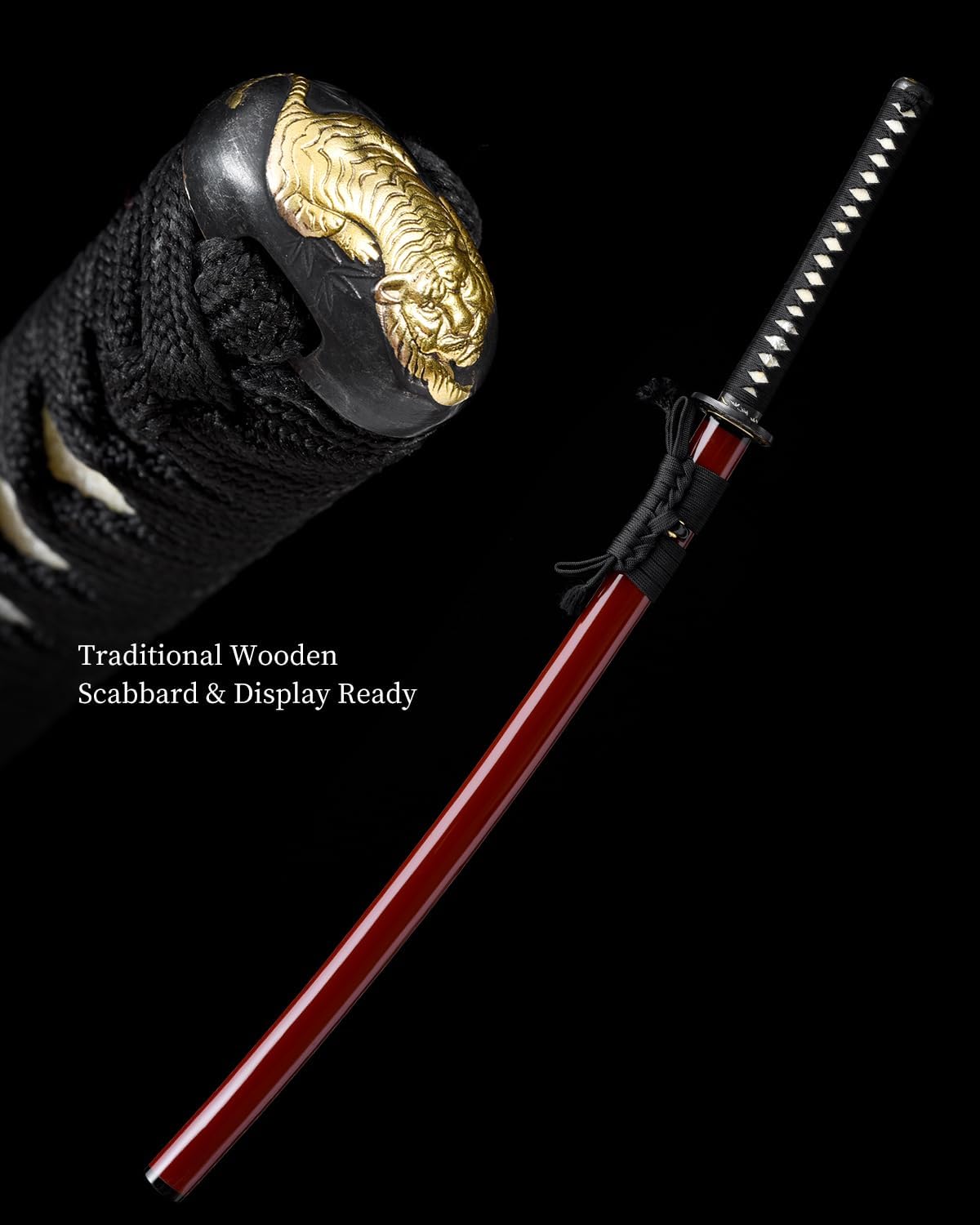 Real Handmade Katana Sword – Full-Tang Samurai Sword with High Carbon Steel Blade, Razor Sharp Cutting Edge, Traditional Wooden Handle & Sheath- Katana for Display & Collectors