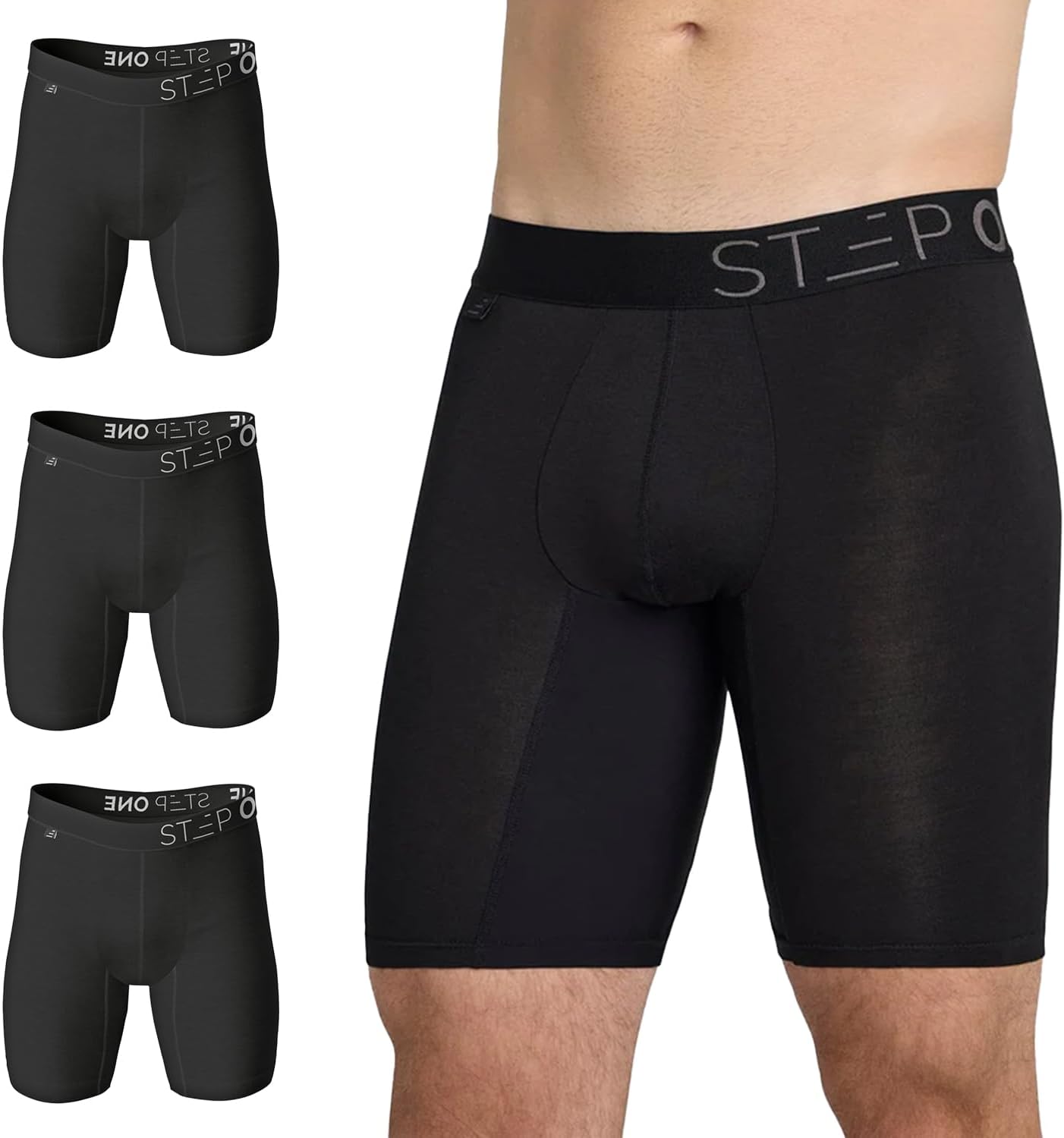 STEP ONE Mens Boxer Briefs Sport, Underwear for Men Pack of 3, Longer Length Anti Chafing Mens Underwear, Moisture-Wicking