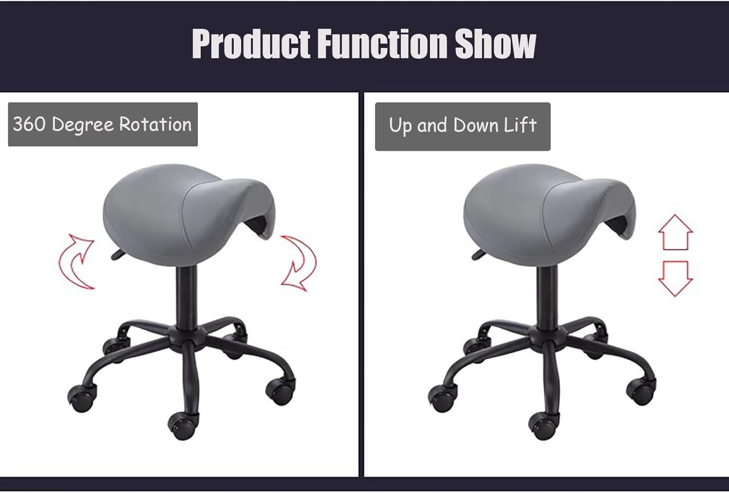 Adjustable Saddle Chair with Lumbar Support, Ergonomic Rolling Stool for Office/Home/Shop, Dark Gray Leather, Height 16.8"-20.9", Swivel Design with Backrest