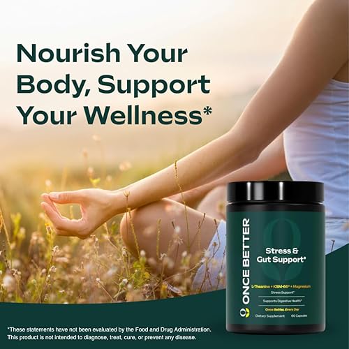 Miniatura 3 de Once Better Suplemento de apoyo para el estrés y el intestino  Ashwagandha KSM-66, L-teanina, glicinato de magnesio, probióticos e inulina para la